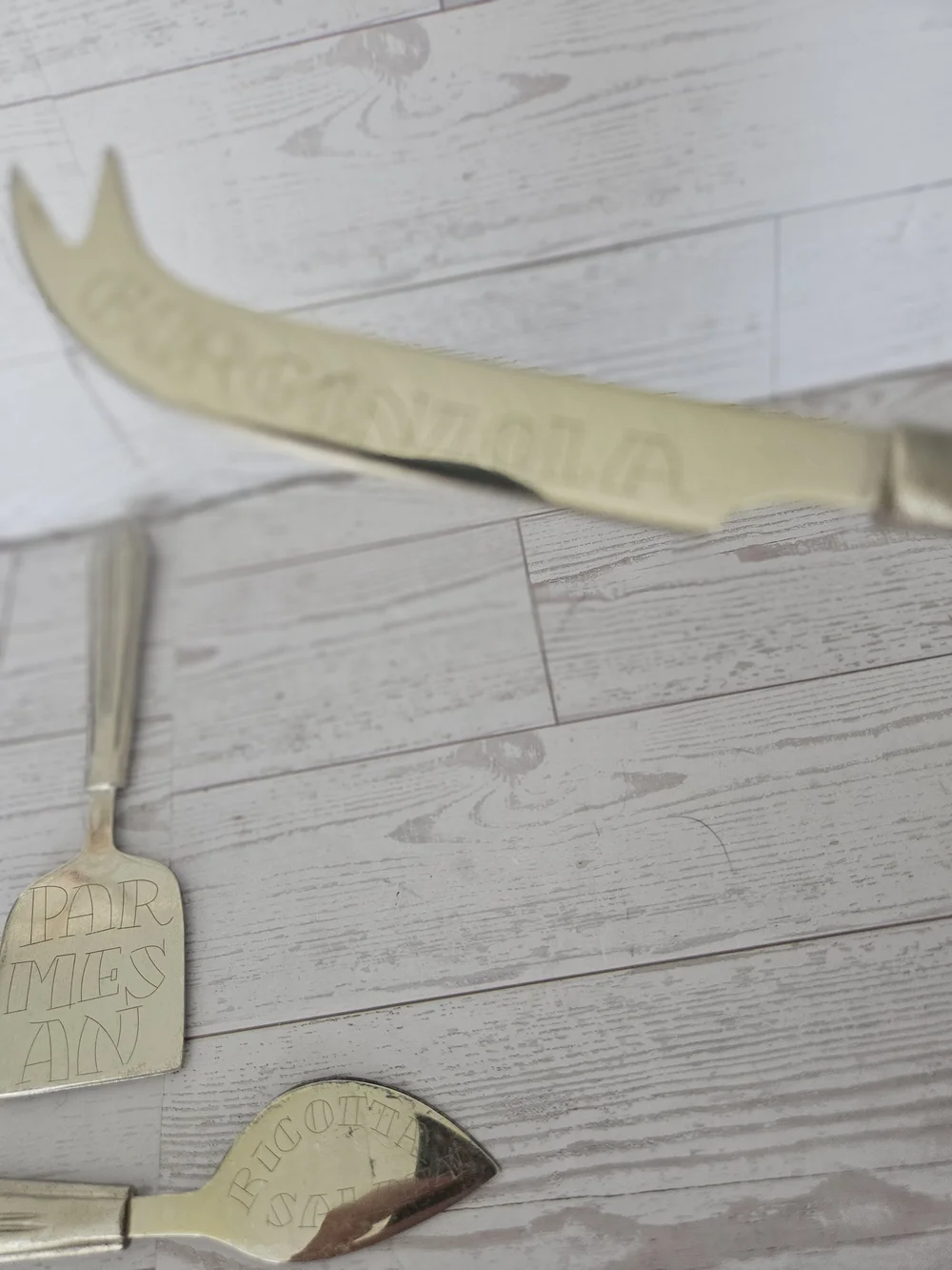 Anthropologie Savoie Cheese Knives Set of 3 – Hand-Stamped Brass, Vintage Style